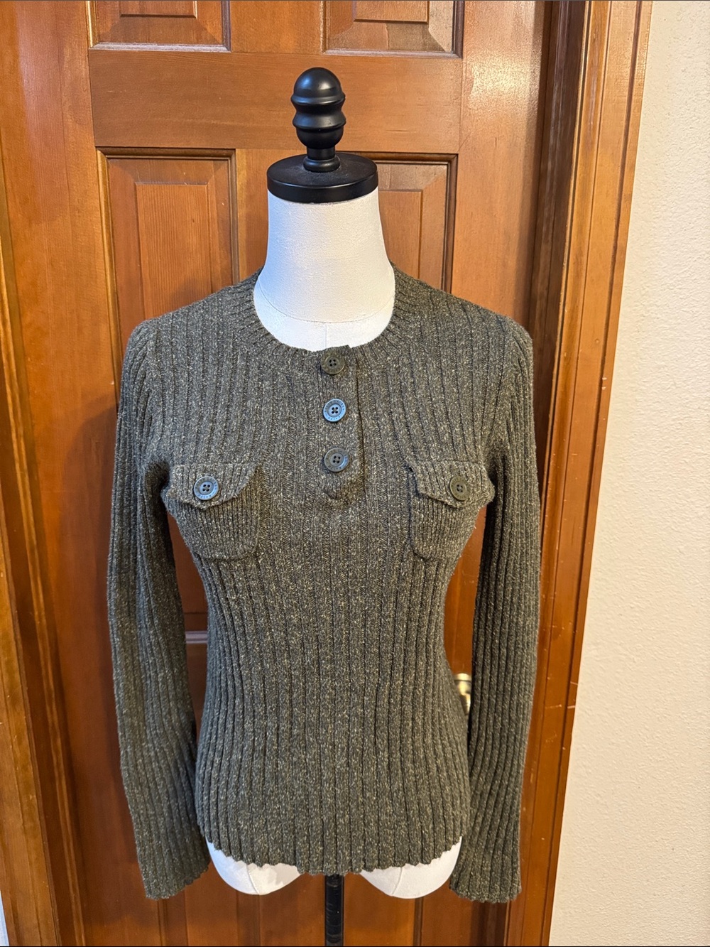 Ralph Lauren Olive Ribbed Crewneck Sweater with Button Placket Size S
